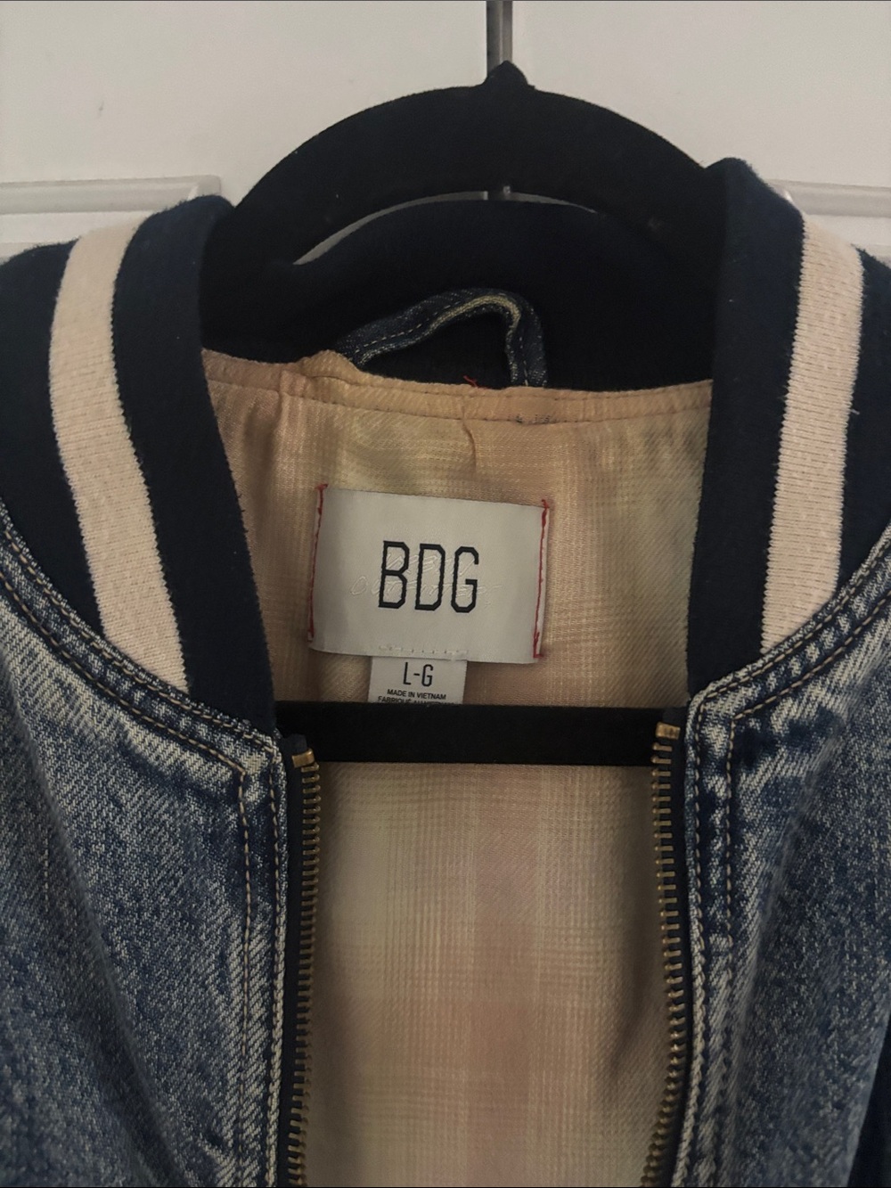 BDG Light Wash Denim Bomber with Navy & Cream Striped Trim - Picture 2 of 3
